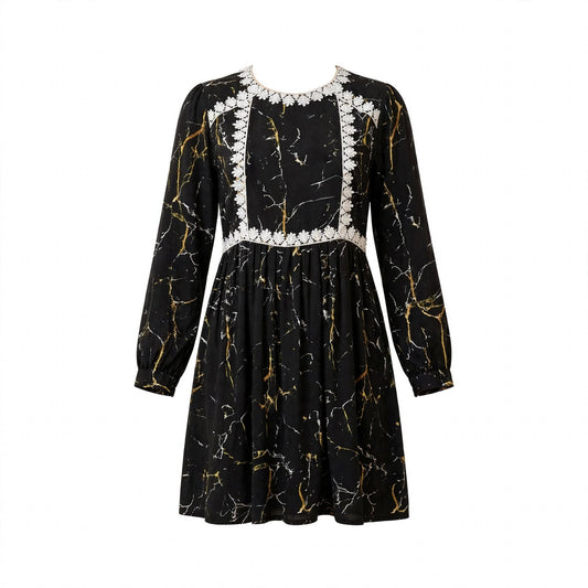 Black and gold marble print dress with white daisy lace bib and waist trim