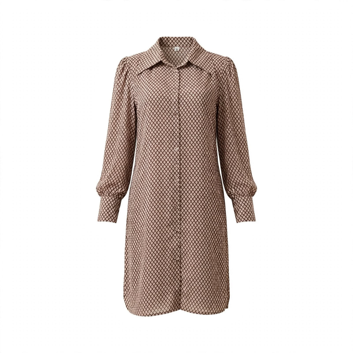 Brown diamond lattice print shirt dress with collar and bishop sleeves