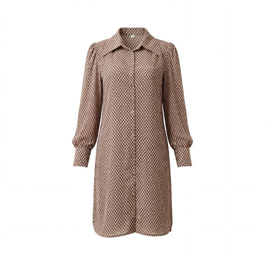 Brown diamond lattice print shirt dress with collar and bishop sleeves