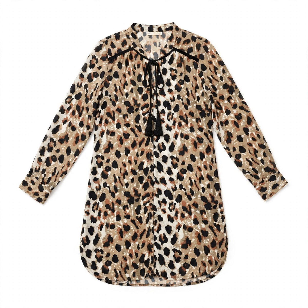 Tan leopard print tunic shirt with black tassel tie and high-low hem
