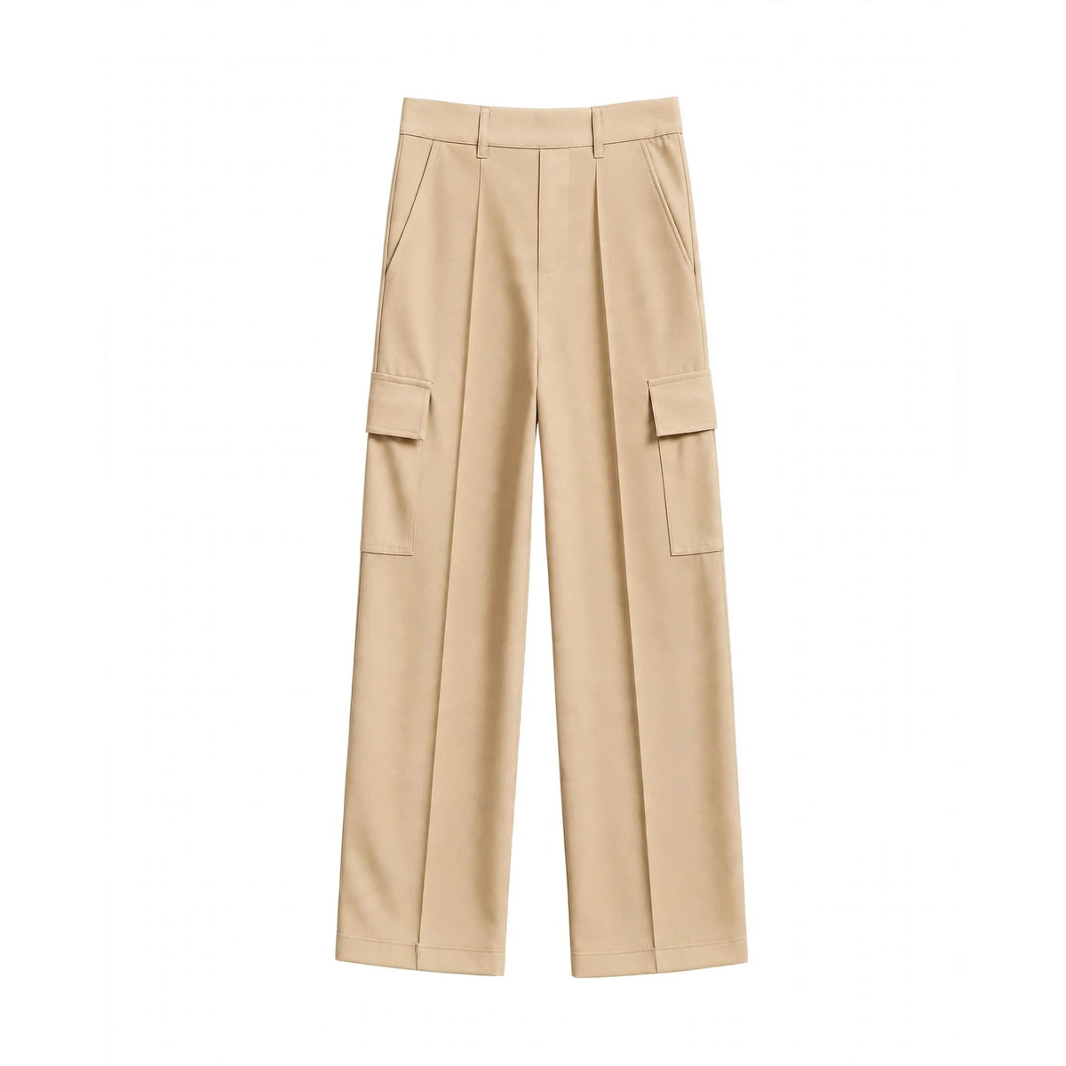 Beige pleated wide-leg cargo trousers with flap pockets on each leg