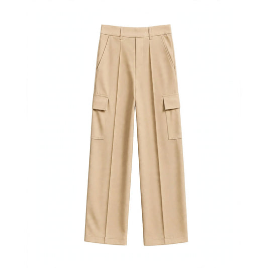 Beige pleated wide-leg cargo trousers with flap pockets on each leg
