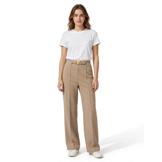 Gold Buckle Wide-Leg Trousers – Khaki