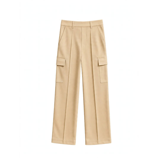 Girls' beige pleated wide-leg cargo pants with flap pockets on each leg