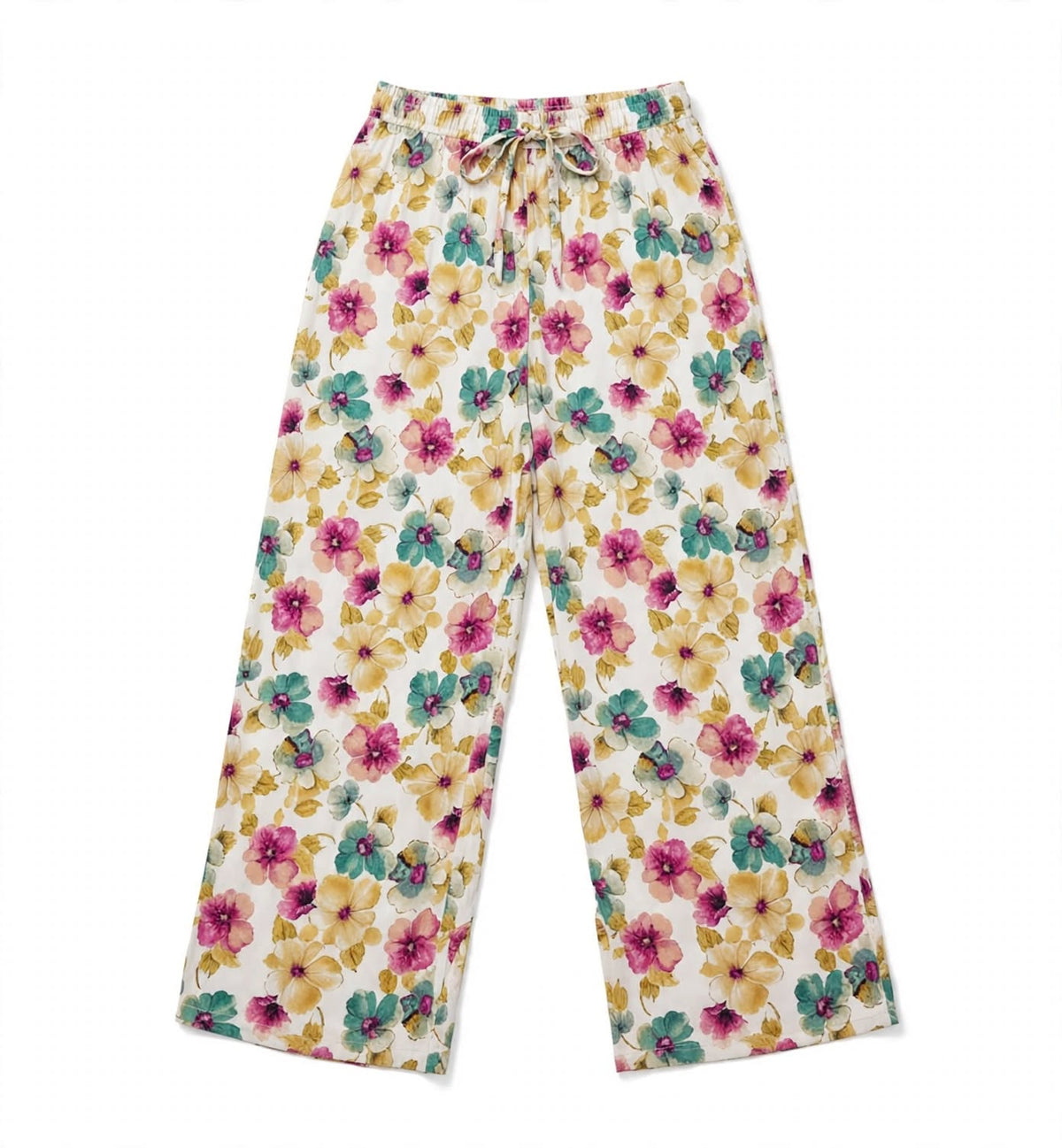 Cream palazzo pants with a large watercolour floral print and tie waist