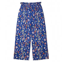 Cobalt blue floral palazzo pants with a ruffled paperbag waist