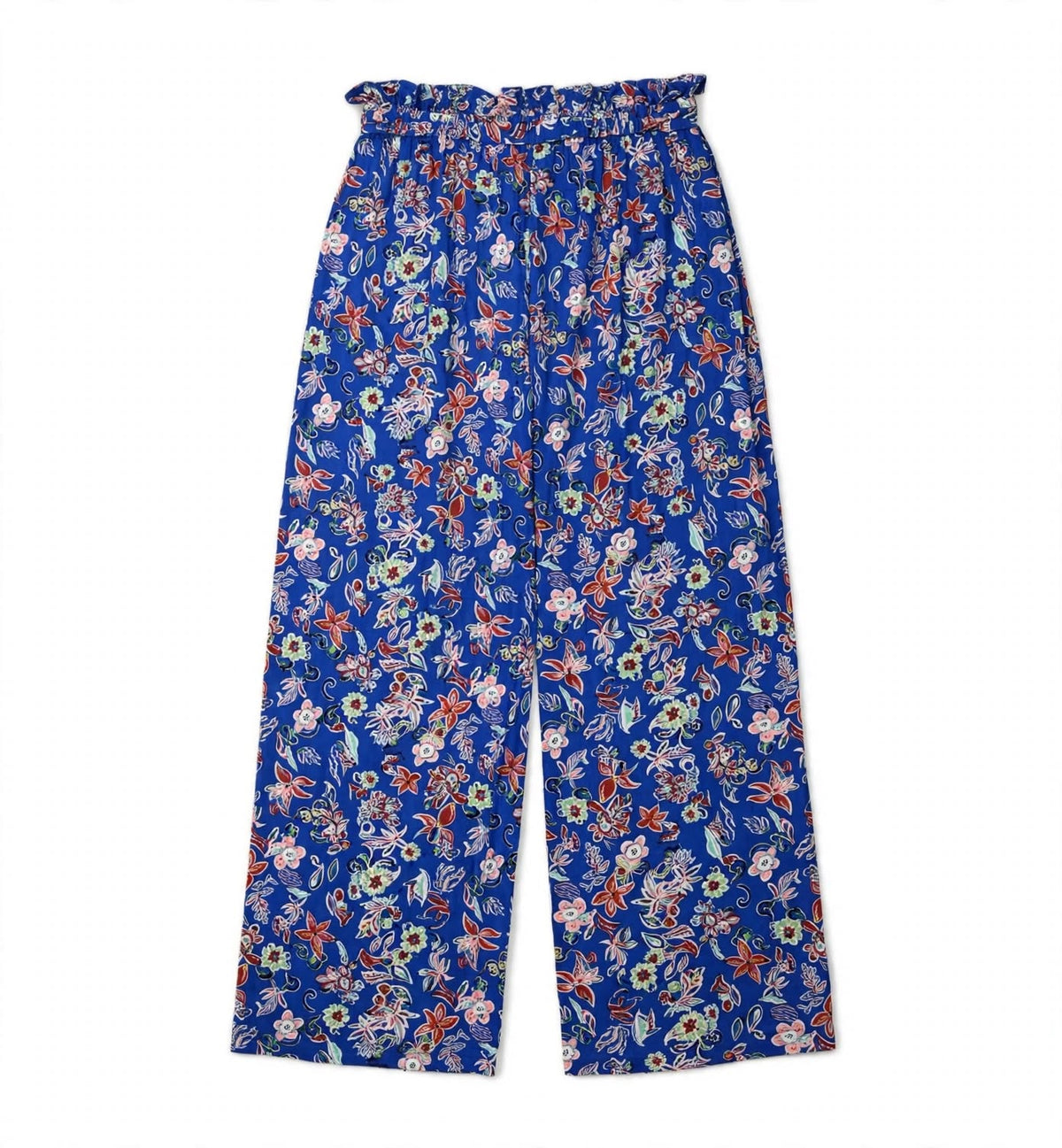 Cobalt blue floral palazzo pants with a ruffled paperbag waist