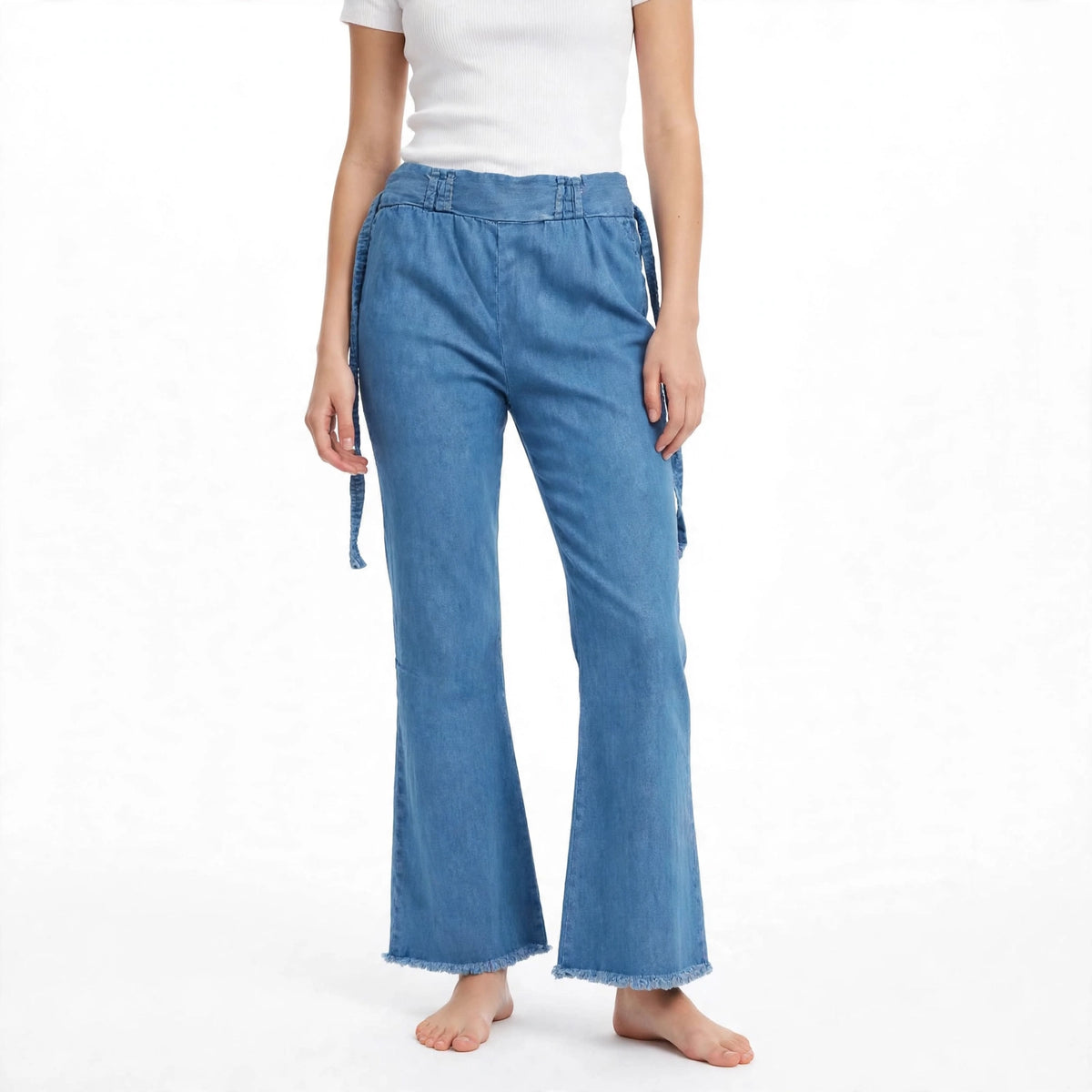 Side-Tie Frayed Hem Wide-Leg Jeans – Light Blue