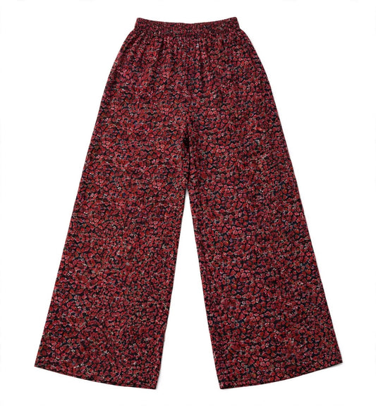 Maroon wide-leg palazzo pants in an all-over miniature floral print