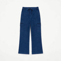 Washed denim blue cargo pants with drawstring waist and flap leg pockets