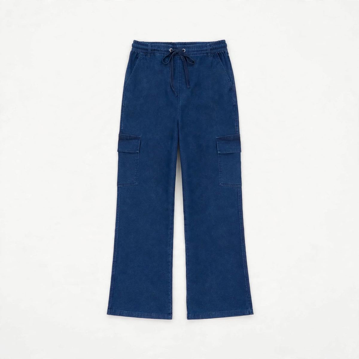 Washed denim blue cargo pants with drawstring waist and flap leg pockets