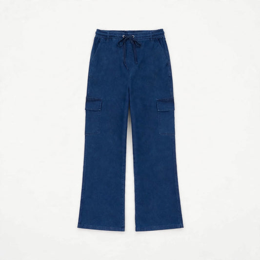 Washed denim blue cargo pants with drawstring waist and flap leg pockets