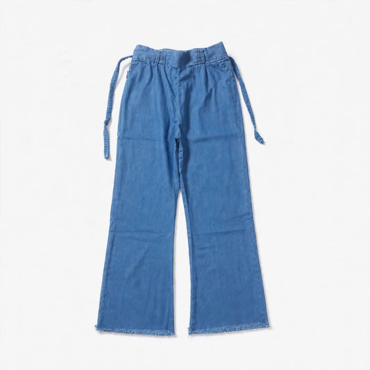 Light blue wide-leg jeans with side fabric ties and a raw frayed hem