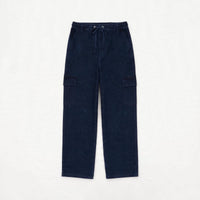 Dark navy washed cotton cargo pants with drawstring waist and flap leg pockets