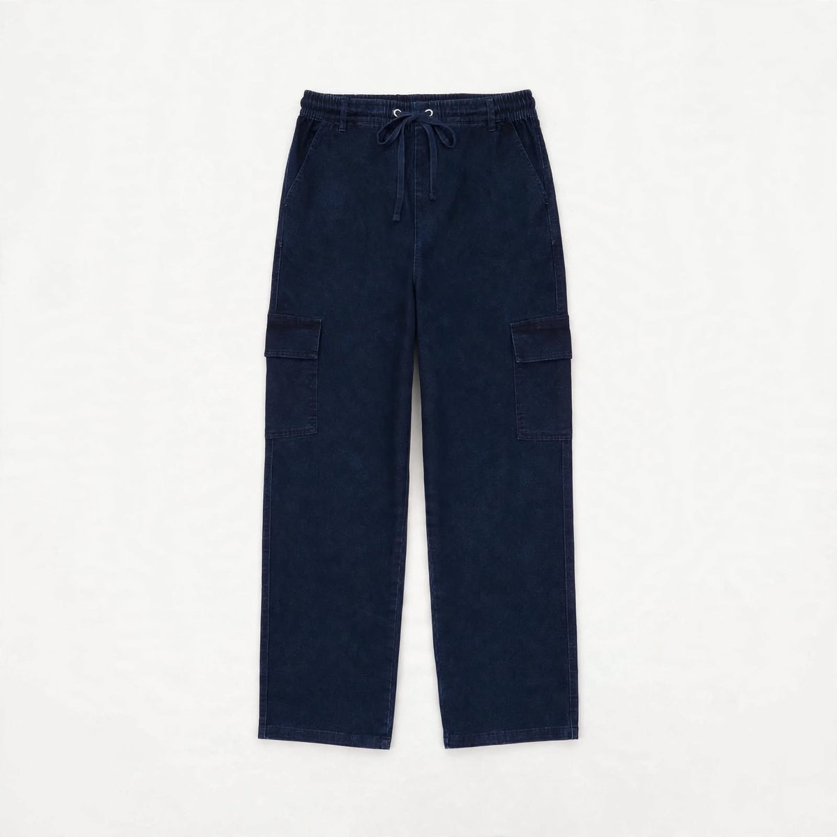 Dark navy washed cotton cargo pants with drawstring waist and flap leg pockets