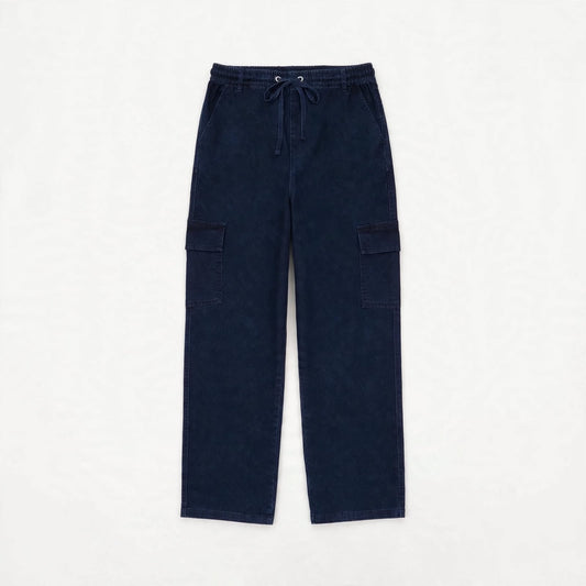Dark navy washed cotton cargo pants with drawstring waist and flap leg pockets