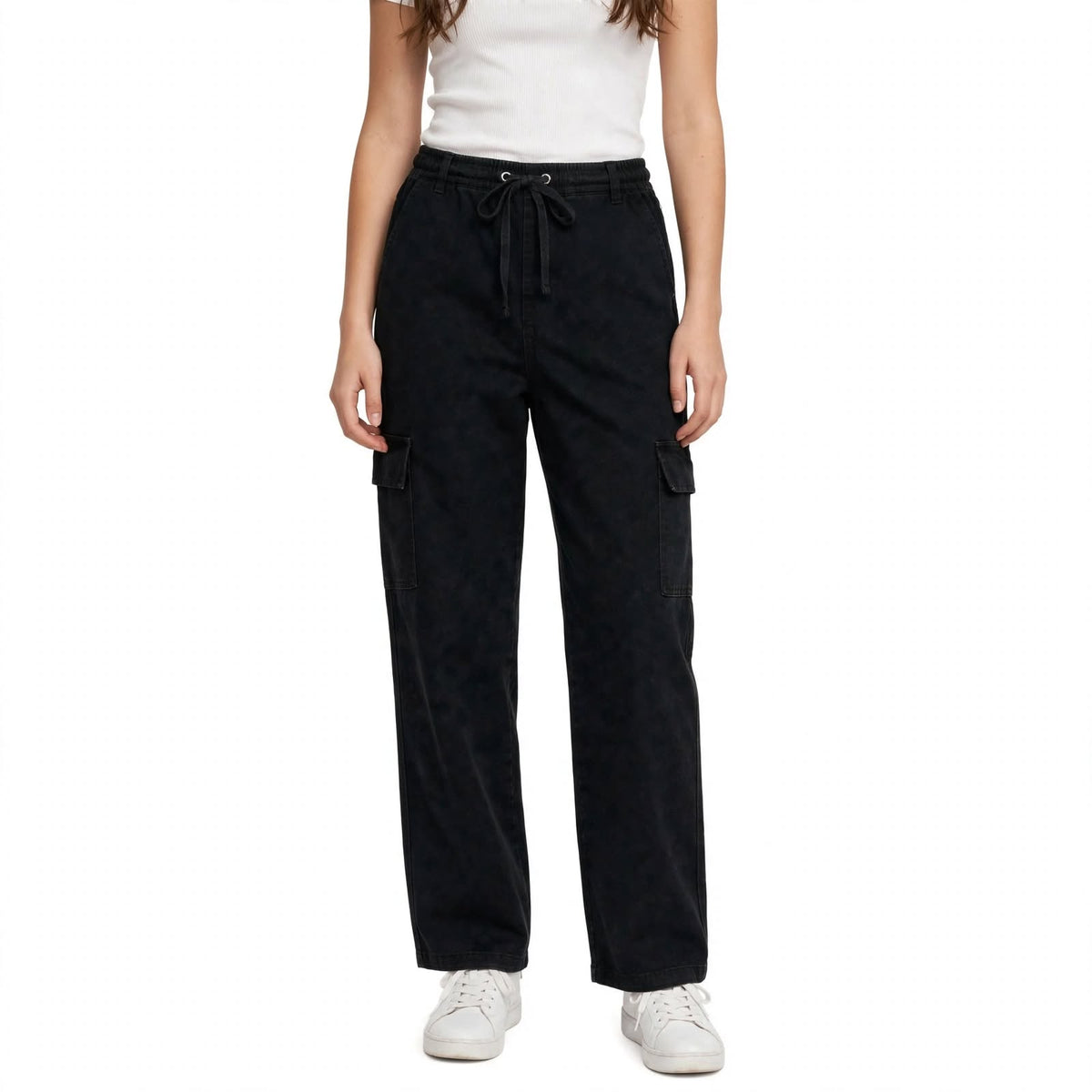 Washed Drawstring Cargo Pants – Black