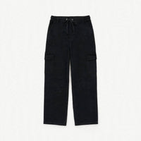 Washed black cargo pants with drawstring waist and flap pockets on each leg