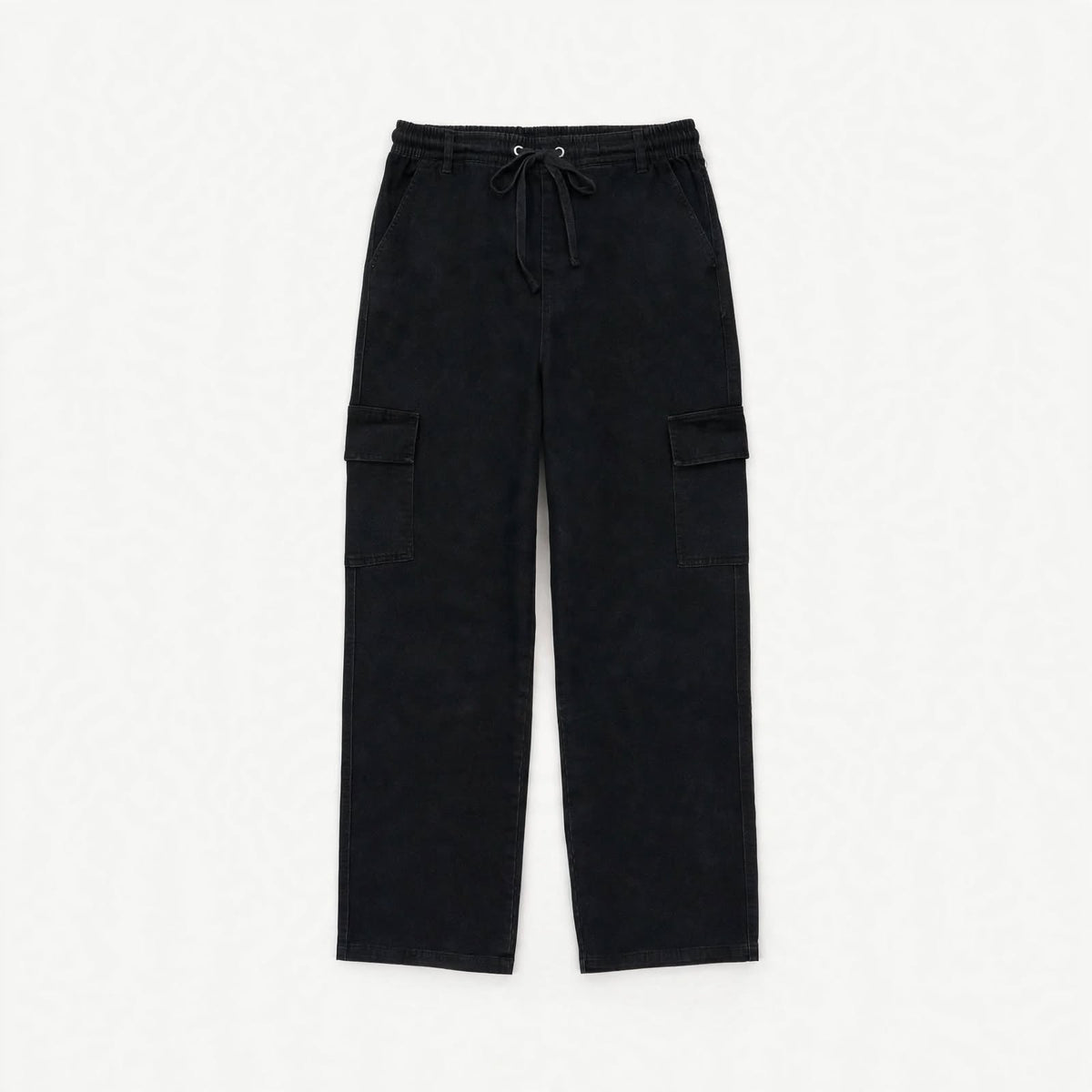 Washed black cargo pants with drawstring waist and flap pockets on each leg