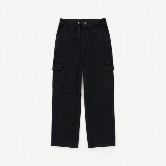 Washed black cargo pants with drawstring waist and flap pockets on each leg