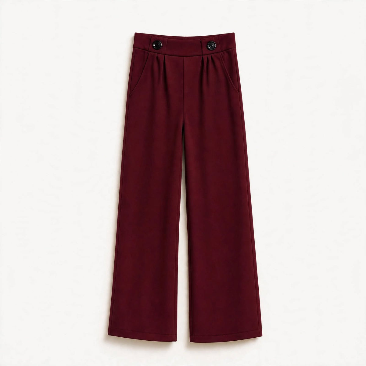 Burgundy pleated wide-leg trousers with buttoned tabs at the waist
