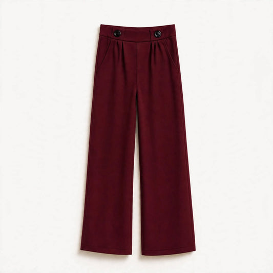 Burgundy pleated wide-leg trousers with buttoned tabs at the waist