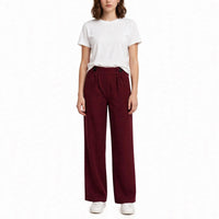 Button Tab Pleated Wide-Leg Trousers – Burgundy