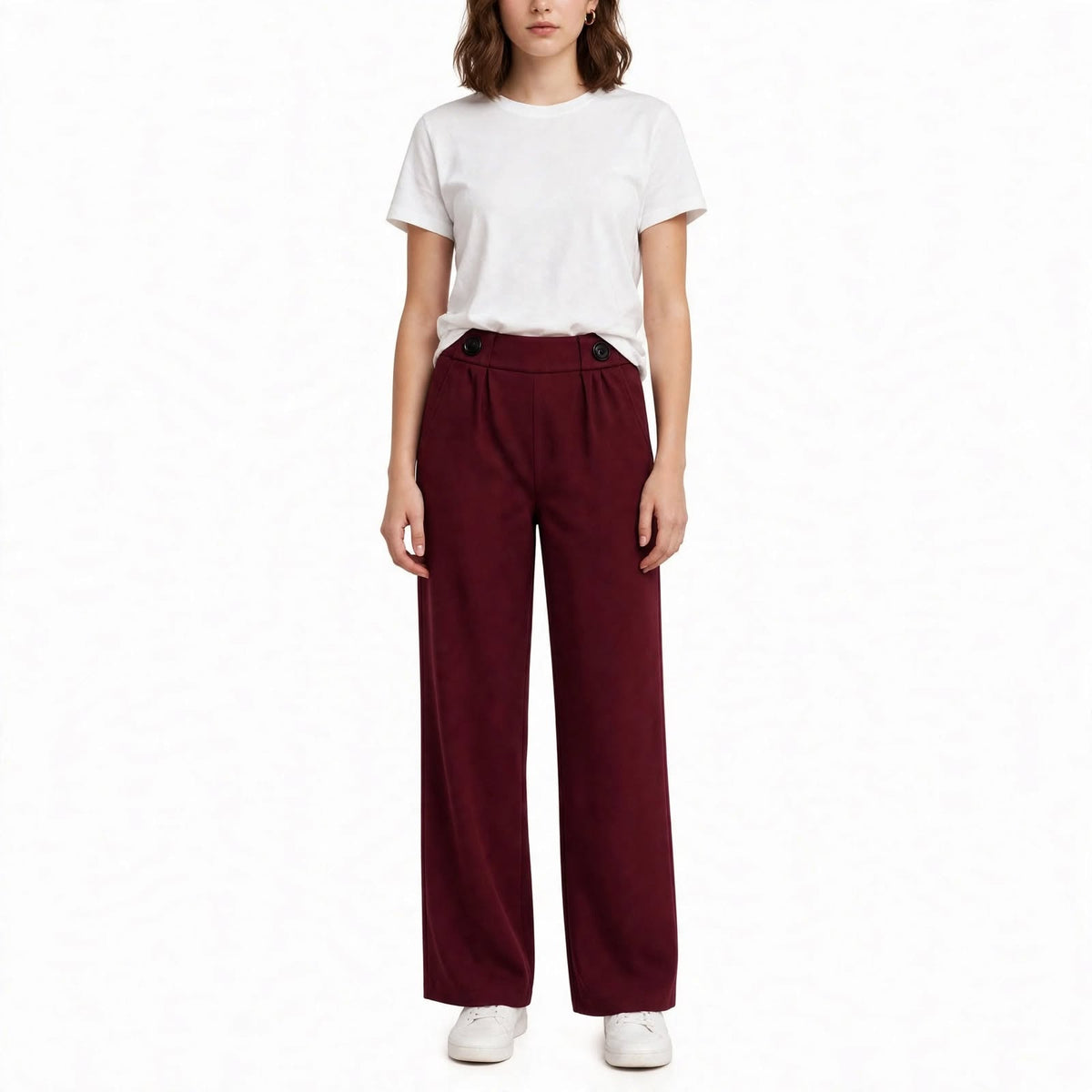Button Tab Pleated Wide-Leg Trousers – Burgundy