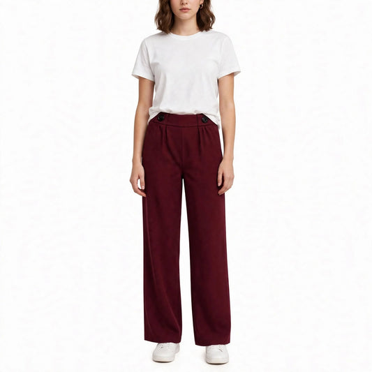 Button Tab Pleated Wide-Leg Trousers – Burgundy