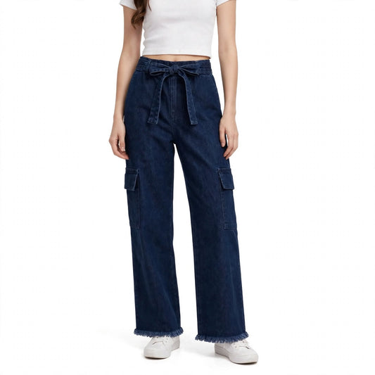 Frayed Hem Wide-Leg Denim Cargo Pants – Indigo