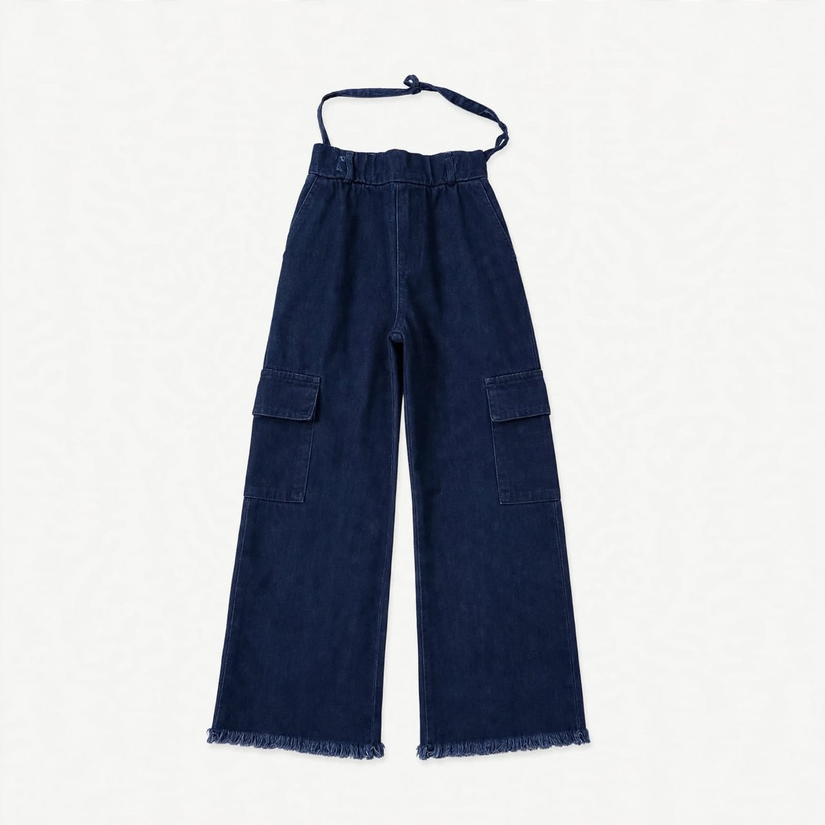 Indigo wide-leg denim cargo pants with flap pockets, tie waist and frayed hem