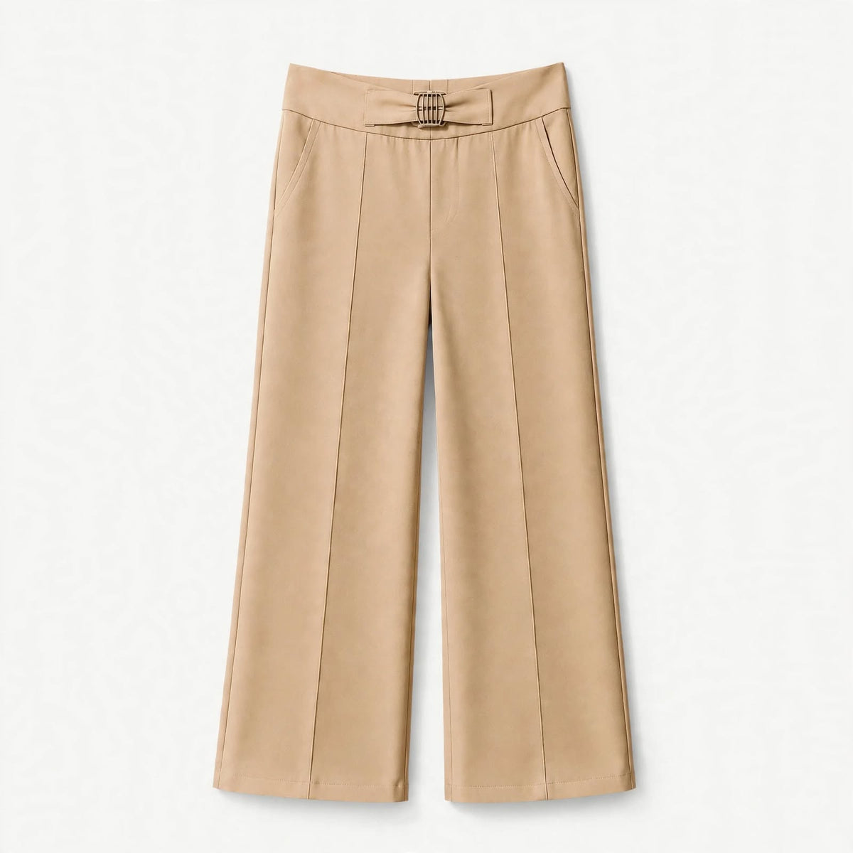 Camel wide-leg culottes with a buckled tab across the front waistband