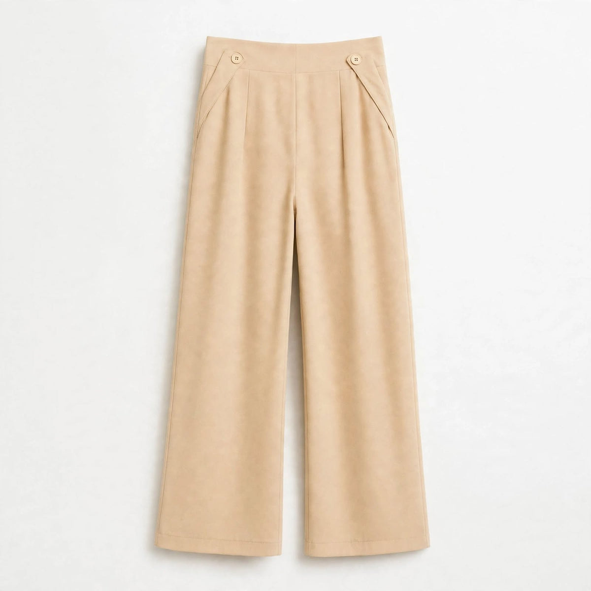 Sand beige pleated wide-leg culottes with buttoned tabs at the waist