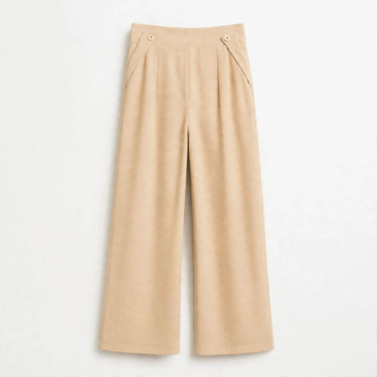 Sand beige pleated wide-leg culottes with buttoned tabs at the waist
