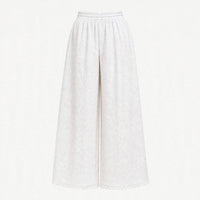 White eyelet embroidered wide-leg palazzo pants with a scalloped lace hem