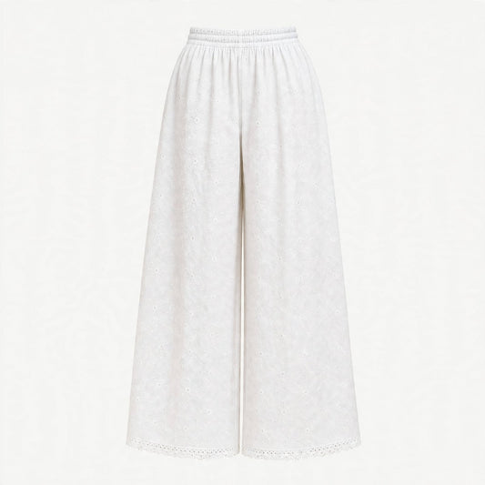White eyelet embroidered wide-leg palazzo pants with a scalloped lace hem
