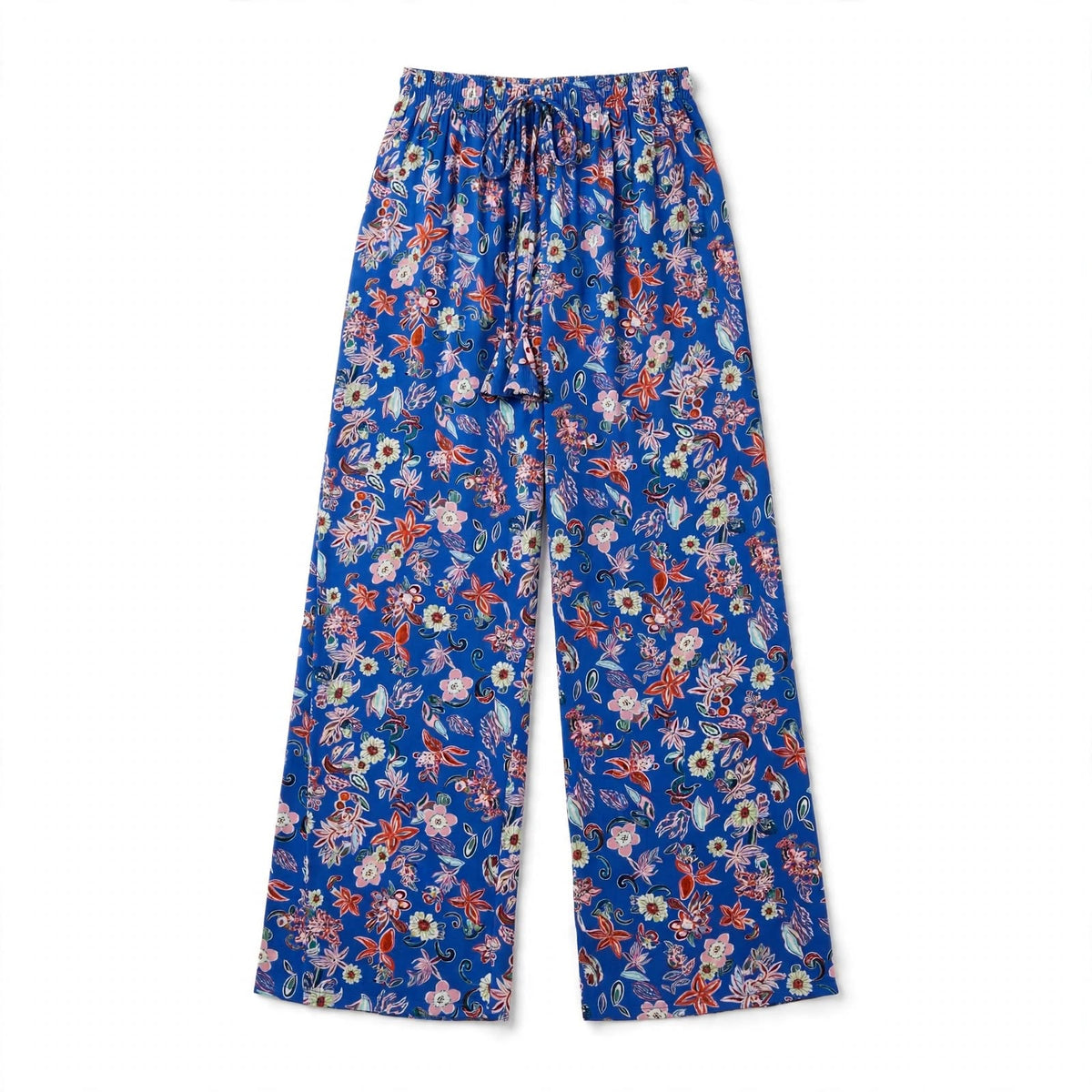 Royal blue palazzo pants with a tropical floral print and tasselled drawstring