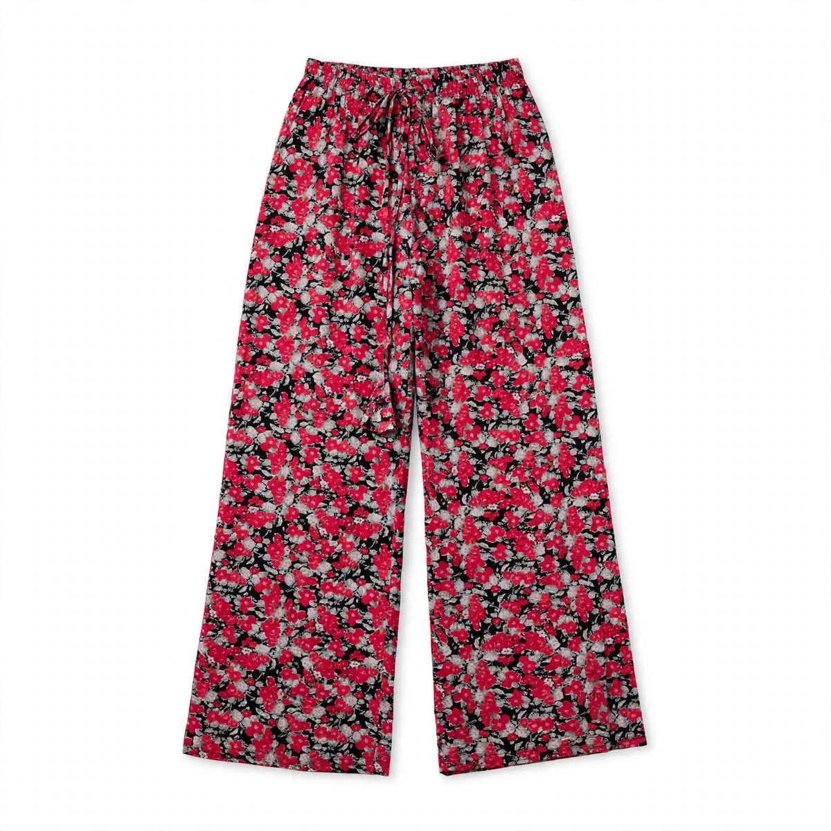 Black palazzo pants with a bold red bloom print and front tie waist