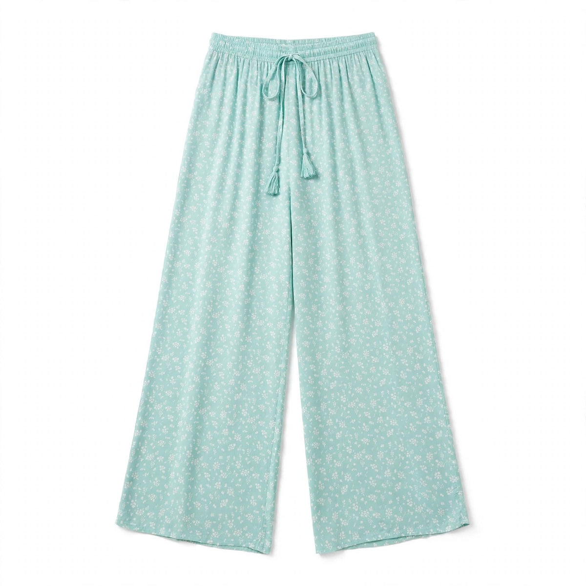 Mint green ditsy floral palazzo pants with a tasselled drawstring waist