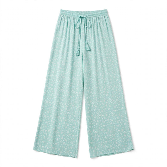 Mint green ditsy floral palazzo pants with a tasselled drawstring waist