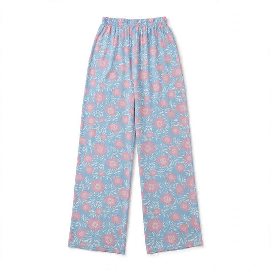 Powder blue palazzo pants with a large pink blossom print