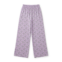 Lilac wide-leg palazzo pants with a white blossom print and elastic waist