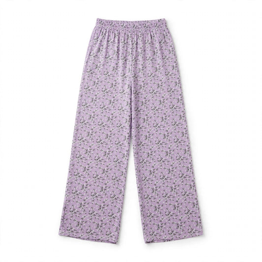 Lilac wide-leg palazzo pants with a white blossom print and elastic waist