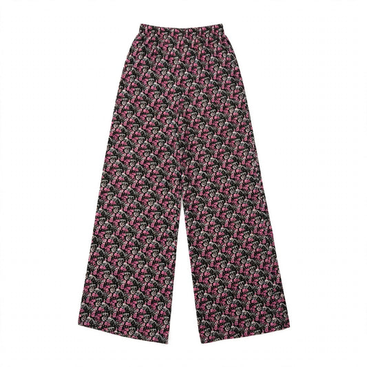 Wide-leg palazzo pants in a pink and black ditsy floral print