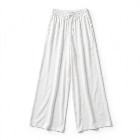 White wide-leg palazzo pants with an elastic waist and tasselled drawstring