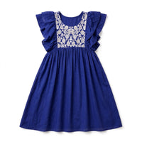 Girls' royal blue dress with an ivory embroidered yoke panel and double ruffle sleeves