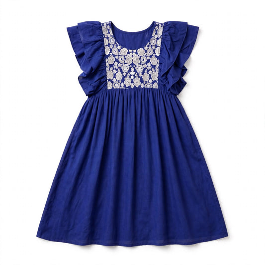 Girls' royal blue dress with an ivory embroidered yoke panel and double ruffle sleeves