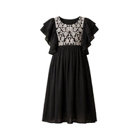 Girls' black dress with an ivory embroidered yoke panel and layered ruffle sleeves