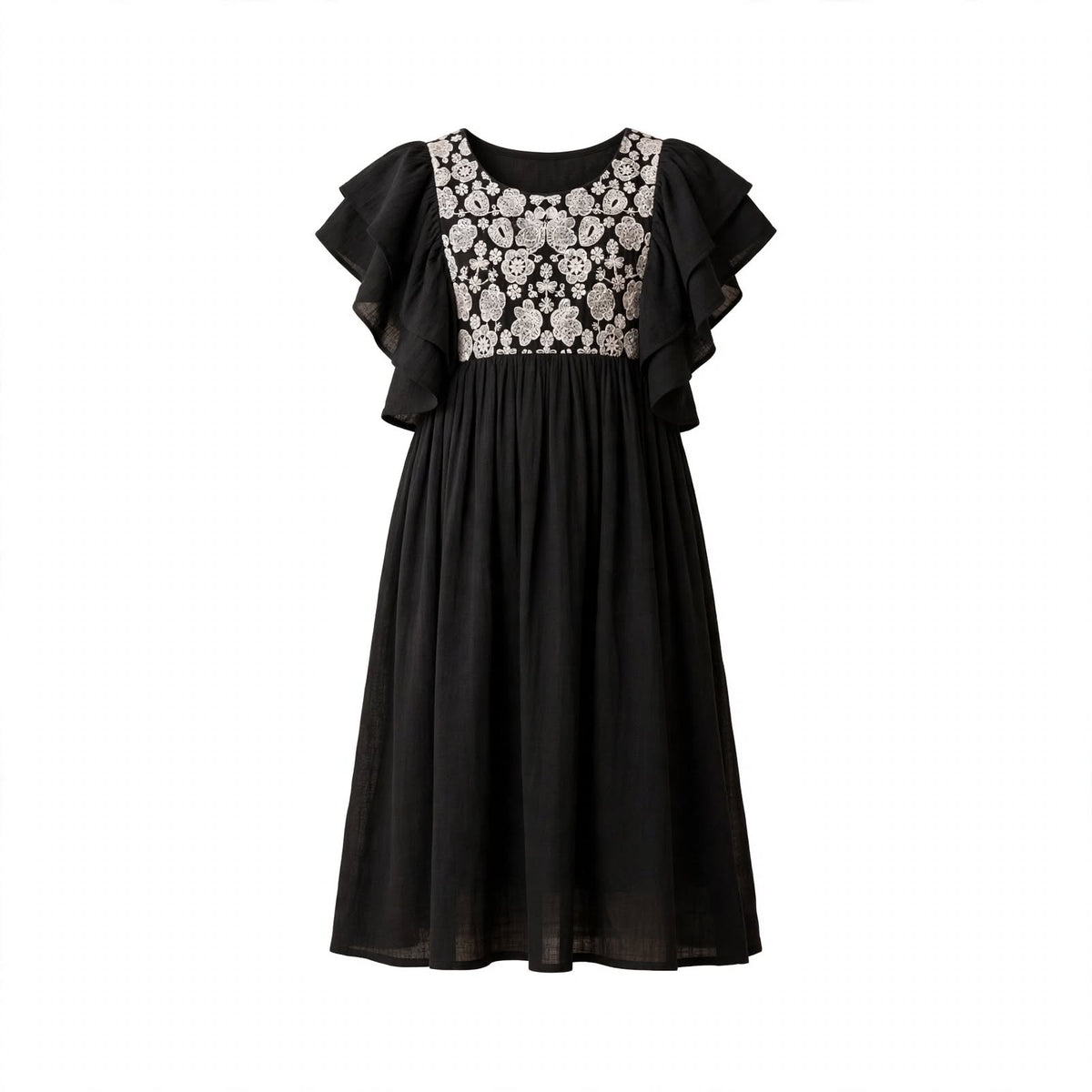 Girls' black dress with an ivory embroidered yoke panel and layered ruffle sleeves