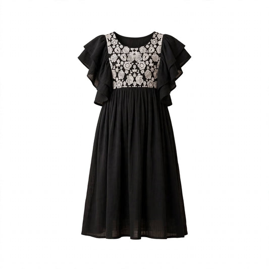 Girls' black dress with an ivory embroidered yoke panel and layered ruffle sleeves